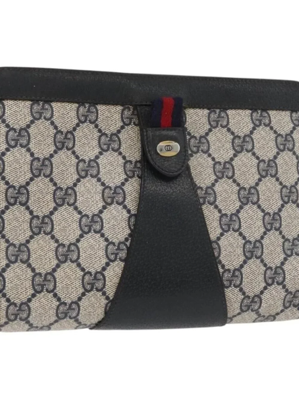 GUCCI GG Supreme Sherry Line Clutch Bag PVC Navy Red 89 01 032 Auth 182810